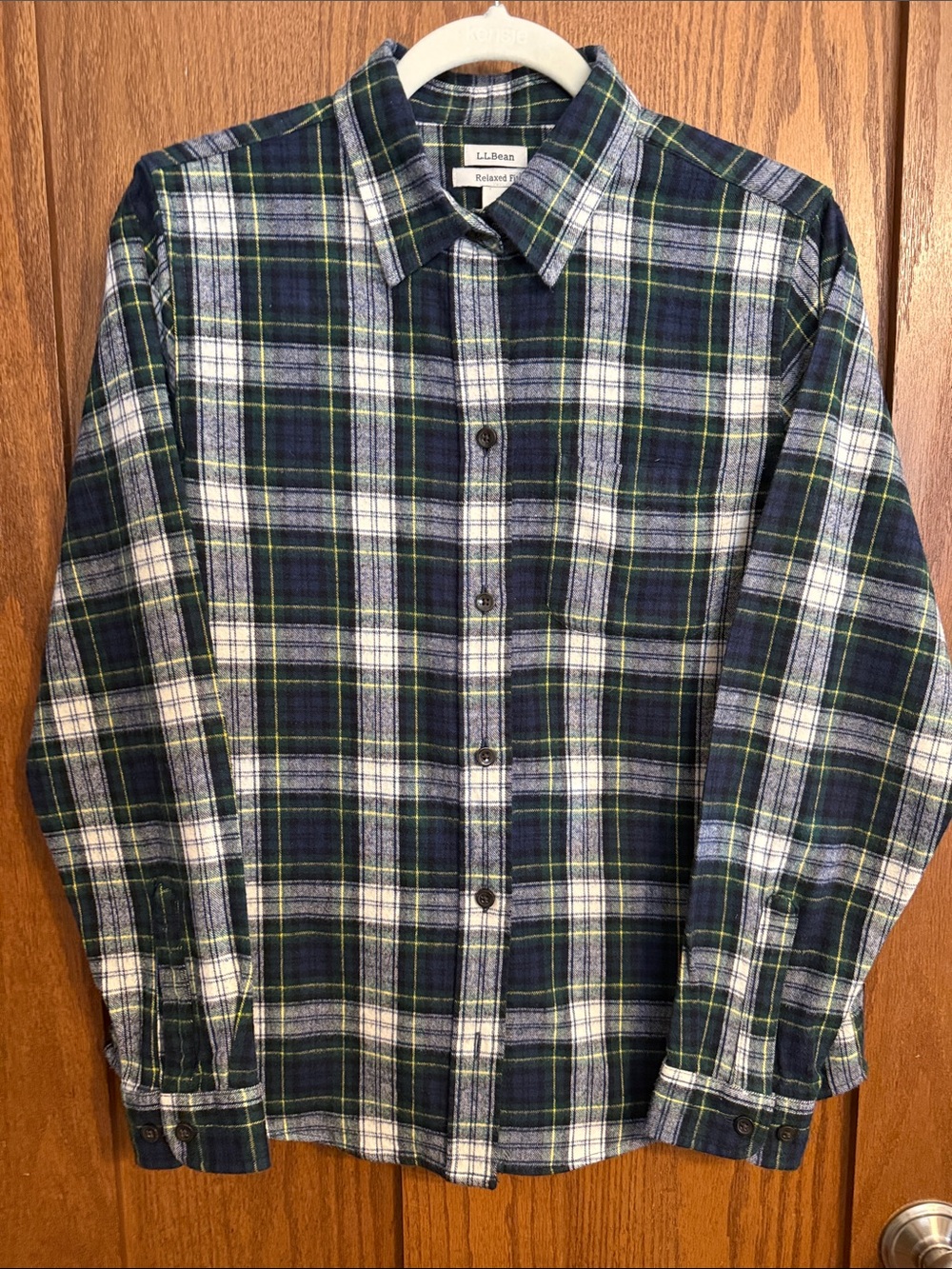 L.L. Bean Women’s  Navy, Green and White Plaid Flannel Button-Down Shirt